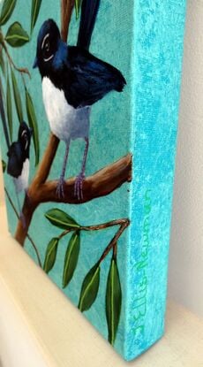 Two paintings of Willy Wagtails with one with a parent and young and the other with two birds as a couple. The artworks carry across the two canvases but can be purchased separately.