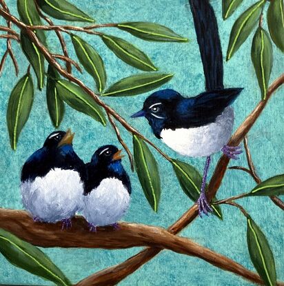 Two paintings of Willy Wagtails with one with a parent and young and the other with two birds as a couple. The artworks carry across the two canvases but can be purchased separately.