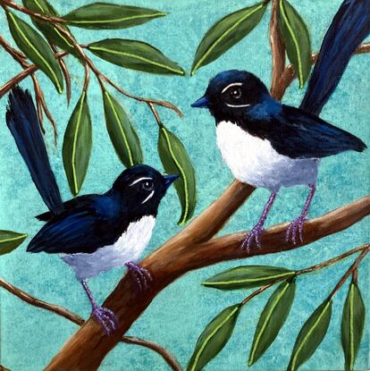 Two paintings of Willy Wagtails with one with a parent and young and the other with two birds as a couple. The artworks carry across the two canvases but can be purchased separately.