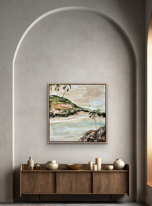 Textured coastal artwork of Byron Bay. Palms sway on a hill overlooking the Pacific Ocean 