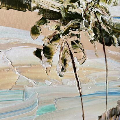 Textured coastal artwork of Byron Bay. Palms sway on a hill overlooking the Pacific Ocean 