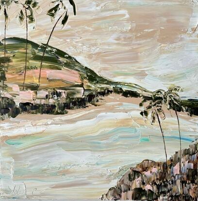 Textured coastal artwork of Byron Bay. Palms sway on a hill overlooking the Pacific Ocean 