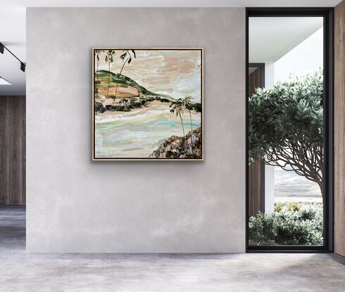 Textured coastal artwork of Byron Bay. Palms sway on a hill overlooking the Pacific Ocean 