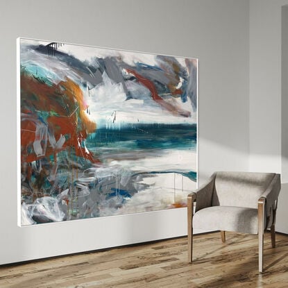 bold textured marks in light green, olive with areas of white and grey, beige, navy, and bright blue expressive marks across a large canvas suggestive of the landscape seascape.