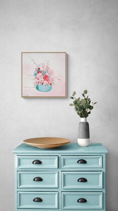 Bunch of flowers in pinks through to blues and turquoises, sitting in a vase,  still life, oil, Lucinda Leveille, original artwork, framed,