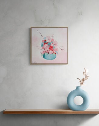 Bunch of flowers in pinks through to blues and turquoises, sitting in a vase,  still life, oil, Lucinda Leveille, original artwork, framed,