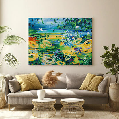 A vibrant and colourful abstract landscape of a sunny field of flowers, insects and butterflies  full of energy and joy