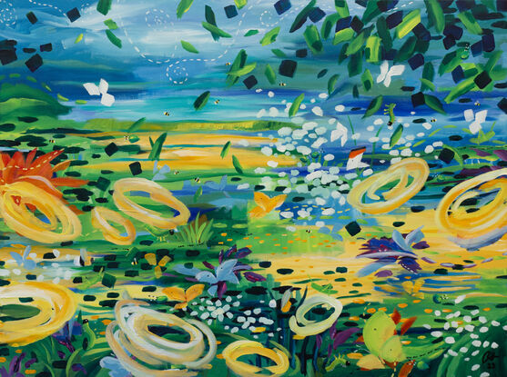 A vibrant and colourful abstract landscape of a sunny field of flowers, insects and butterflies  full of energy and joy