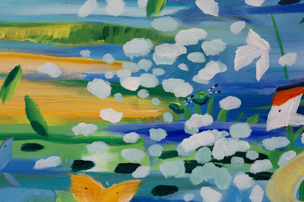 A vibrant and colourful abstract landscape of a sunny field of flowers, insects and butterflies  full of energy and joy