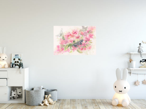 Semi-Abstract  painting of transparent pink flowers and butterflies in their midst