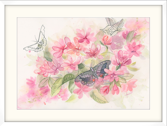 Semi-Abstract  painting of transparent pink flowers and butterflies in their midst