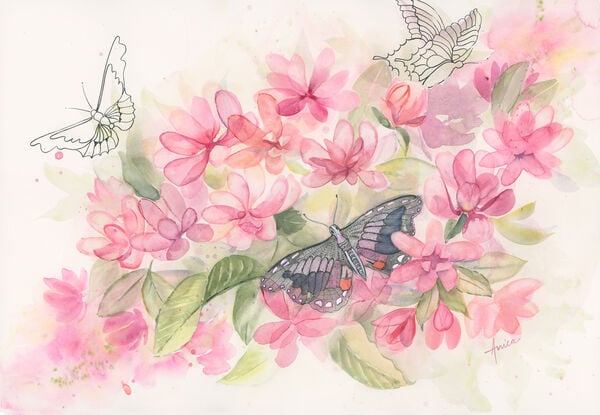 Semi-Abstract  painting of transparent pink flowers and butterflies in their midst