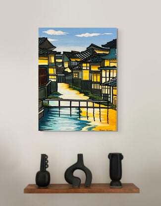 Japanese wood block inspired painting 
Painted around the edges strung ready to hang