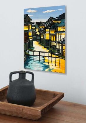 Japanese wood block inspired painting 
Painted around the edges strung ready to hang