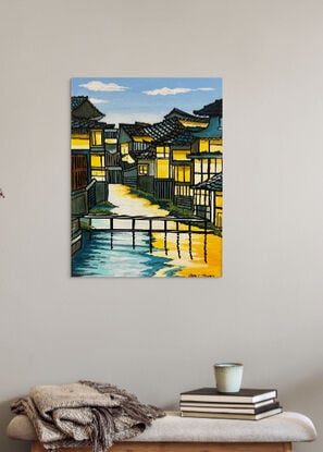 Japanese wood block inspired painting 
Painted around the edges strung ready to hang