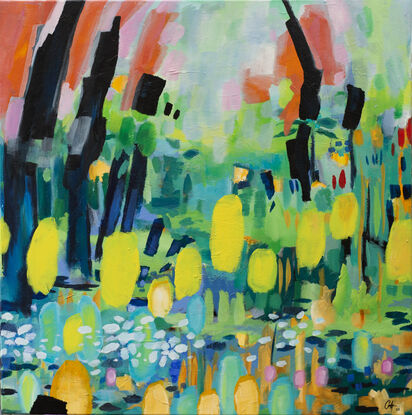 Abstract depicting vibrantly coloured wild flowers using many layers of thick acrylics