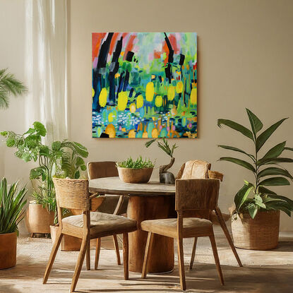 Abstract depicting vibrantly coloured wild flowers using many layers of thick acrylics