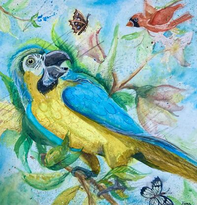 An imaginative painting of a macaw and butterflies