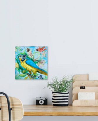 An imaginative painting of a macaw and butterflies