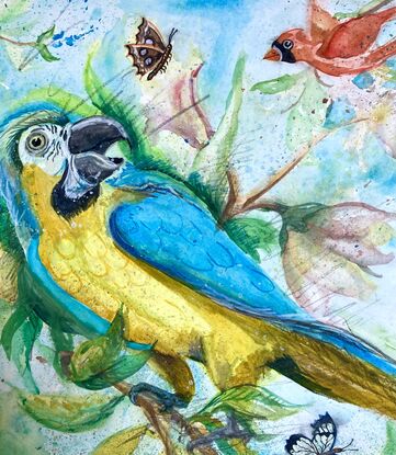 An imaginative painting of a macaw and butterflies