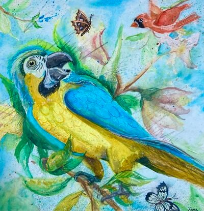 An imaginative painting of a macaw and butterflies