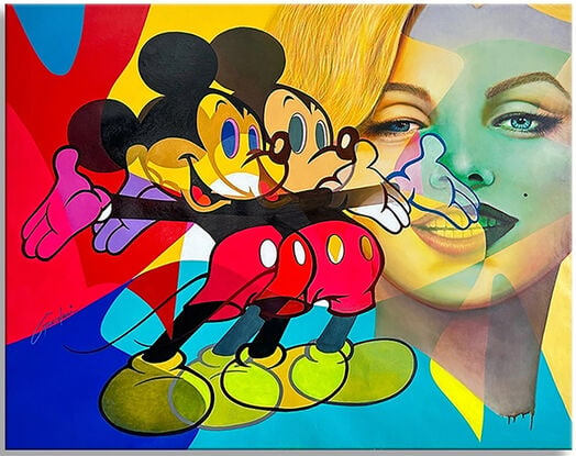 Portrait, Marilyn Monroe, celebrities, mickey mouse, disney, realism, pop art, oil painting, art on canvas, colorful, wall painting, comics, cartoons, hollywood, portraiture,