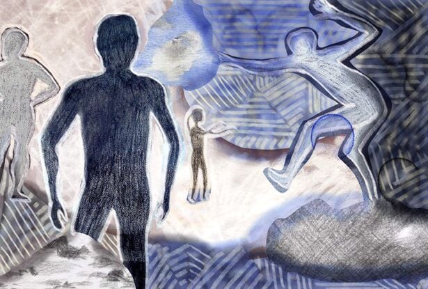 figures on an abstracted background in white, blue and black.