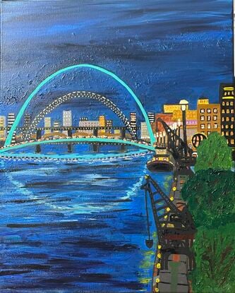 Colourful Tyne Waterside  with dual bridges