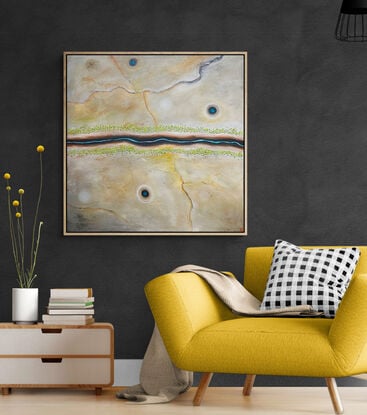 River's Journey is a modern contemporary abstract landscape painting that features a textured aerial perspective bathed in soft neutral tones. The composition is marked by a serene river cutting horizontally across the canvas.