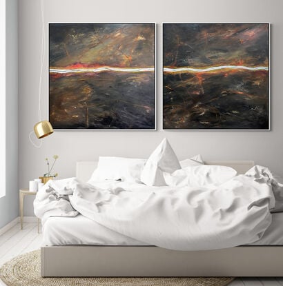 Raw Earth I and II is a diptych that blends textures and colours to form an abstract aerial landscape in dark moody tones with a river cutting horizontally across the canvas.
