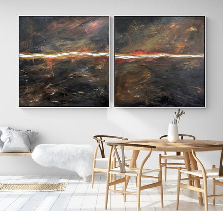 Raw Earth I and II is a diptych that blends textures and colours to form an abstract aerial landscape in dark moody tones with a river cutting horizontally across the canvas.
