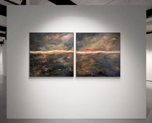 Raw Earth I and II is a diptych that blends textures and colours to form an abstract aerial landscape in dark moody tones with a river cutting horizontally across the canvas.
