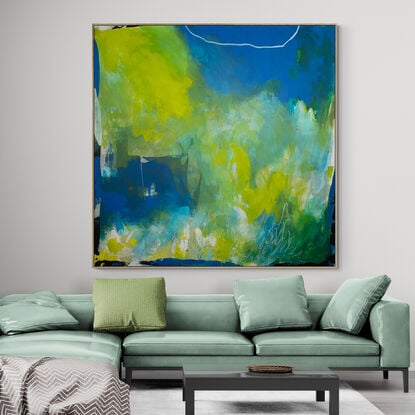 light green, lime, dark blue, light blue mixed with bold marks of black, white and neutral tones making a beautiful abstract patterns on a large square canvas