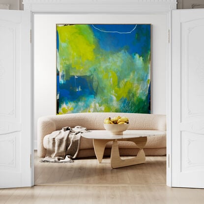 light green, lime, dark blue, light blue mixed with bold marks of black, white and neutral tones making a beautiful abstract patterns on a large square canvas