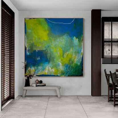 light green, lime, dark blue, light blue mixed with bold marks of black, white and neutral tones making a beautiful abstract patterns on a large square canvas