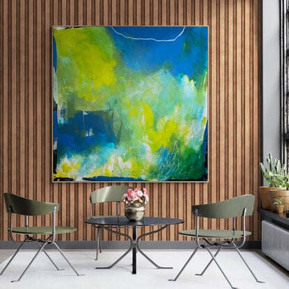 light green, lime, dark blue, light blue mixed with bold marks of black, white and neutral tones making a beautiful abstract patterns on a large square canvas