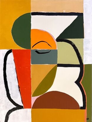 abstract of squares, semi circles and geometric shapes with a suggestion of a face on green, white and beige background.