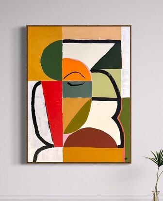 abstract of squares, semi circles and geometric shapes with a suggestion of a face on green, white and beige background.