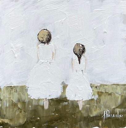 Original Figurative Farmhouse Painting featuring a girl with her mother out for a walk. 
