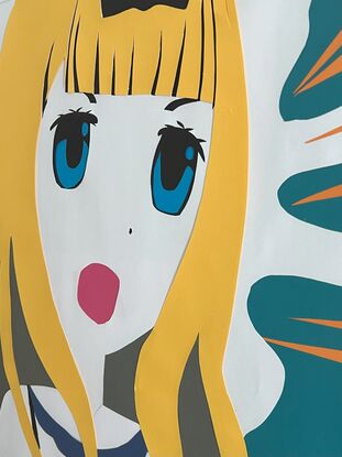 Manga and Anime female face with huge eyes and blonde hair on green background.