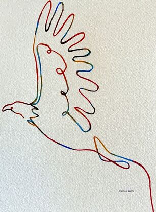 "Soar" captures the essence of freedom and movement through a minimalist line drawing of a bird in flight. This watercolour artwork uses a continuous line to form the elegant shape of the bird, symbolizing the fluidity and grace of nature. The subtle blend of colours adds a sense of dynamism, making the piece feel alive and in motion. Perfect for those who find inspiration in simplicity and the natural world, "Soar" is a celebration of unbound possibilities and the beauty of the skies.

