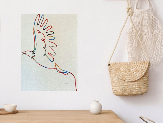 "Soar" captures the essence of freedom and movement through a minimalist line drawing of a bird in flight. This watercolour artwork uses a continuous line to form the elegant shape of the bird, symbolizing the fluidity and grace of nature. The subtle blend of colours adds a sense of dynamism, making the piece feel alive and in motion. Perfect for those who find inspiration in simplicity and the natural world, "Soar" is a celebration of unbound possibilities and the beauty of the skies.

