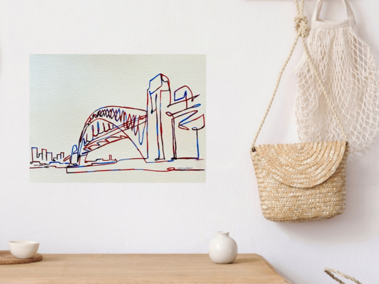 "Harbour Lines" is a vibrant watercolour artwork capturing the iconic Sydney Harbour Bridge in a minimalist and contemporary style. The use of fluid, continuous lines and a dynamic mix of colours reflect the bustling energy and architectural elegance of Sydney's skyline. This piece is a tribute to the city's unique blend of modern design and natural beauty, creating a visual connection between structure and landscape. It's perfect for admirers of urban landscapes and those who appreciate the simplicity and impact of line art.