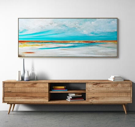 Bay of Dreams is a textured abstract seascape, awash in vibrant teal blue hues, evoking the tranquility of the ocean. Fluffy white clouds float across the sky, while intricate mark making adds layers of depth and energy, capturing the essence of a dreamlike coastal haven.