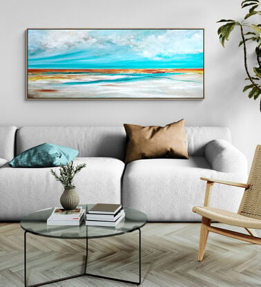 Bay of Dreams is a textured abstract seascape, awash in vibrant teal blue hues, evoking the tranquility of the ocean. Fluffy white clouds float across the sky, while intricate mark making adds layers of depth and energy, capturing the essence of a dreamlike coastal haven.