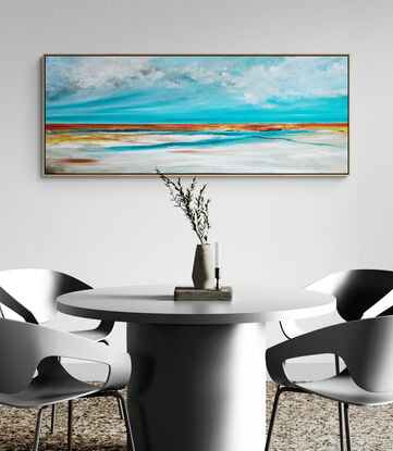 Bay of Dreams is a textured abstract seascape, awash in vibrant teal blue hues, evoking the tranquility of the ocean. Fluffy white clouds float across the sky, while intricate mark making adds layers of depth and energy, capturing the essence of a dreamlike coastal haven.