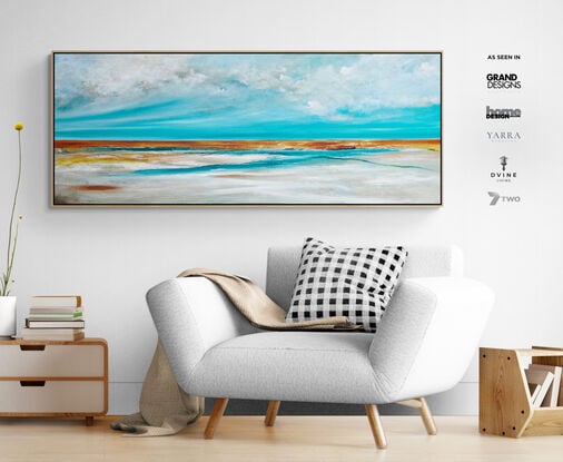 Bay of Dreams is a textured abstract seascape, awash in vibrant teal blue hues, evoking the tranquility of the ocean. Fluffy white clouds float across the sky, while intricate mark making adds layers of depth and energy, capturing the essence of a dreamlike coastal haven.