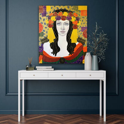 A beautiful young woman sits in a formal abstracted room. Art deco style image, after Klimt. Golden embellishment over jewel  colours. 