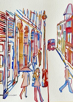 "City Stroll 2" captures the vibrant energy of a bustling urban street, with figures moving through a dynamic cityscape of colorful lines and shapes. This watercolour artwork showcases the essence of everyday life in the city, where architecture and movement blend seamlessly. The use of bold, intersecting lines and a rich palette of colors evokes a sense of movement and interaction, celebrating the vibrancy and diversity of urban living.