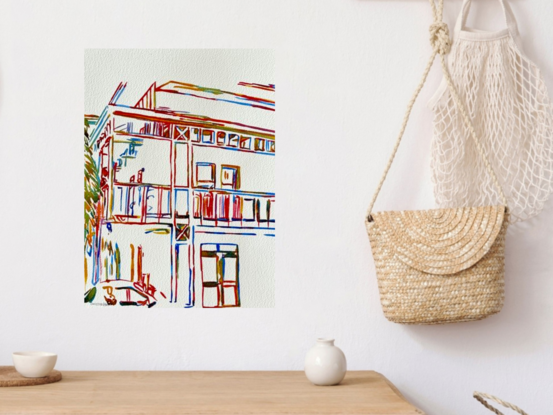 "Urban Facade" showcases a vibrant interpretation of city architecture through dynamic lines and bold colors. This watercolour artwork captures the essence of urban life with its abstract depiction of a building, emphasizing structure and form through a blend of intersecting lines and lively hues. The piece invites viewers to explore the intersection of structure and spontaneity, reflecting the energy and diversity of cityscapes.